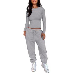 imageANRABESS Womens 2 Piece Sweatsuits Long Sleeve Tight Shirt Tops Joggers Fleece Sweatpants Sets 2025 Fall Sweat Lounge OutfitsGrey