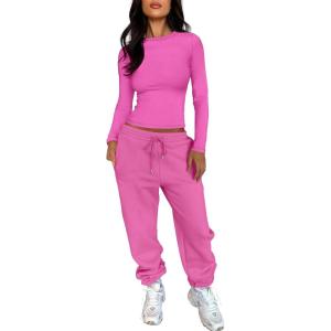 imageANRABESS Womens 2 Piece Sweatsuits Long Sleeve Tight Shirt Tops Joggers Fleece Sweatpants Sets 2025 Fall Sweat Lounge OutfitsHot Pink