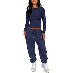 imageANRABESS Womens 2 Piece Sweatsuits Long Sleeve Tight Shirt Tops Joggers Fleece Sweatpants Sets 2025 Fall Sweat Lounge OutfitsNavy Blue