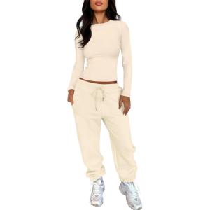 imageANRABESS Womens 2 Piece Sweatsuits Long Sleeve Tight Shirt Tops Joggers Fleece Sweatpants Sets 2025 Fall Sweat Lounge OutfitsYellow Apricot