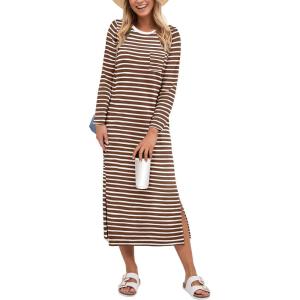 imageANRABESS Womens 34 Long Sleeve Striped Slit Midi T Shirt Dresses with Pockets 2025 Dressy Casual Fall Fashion Travel OutfitsBrown White Stripe