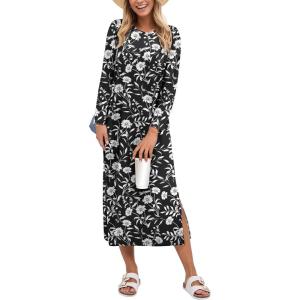 imageANRABESS Womens 34 Long Sleeve Striped Slit Midi T Shirt Dresses with Pockets 2025 Dressy Casual Fall Fashion Travel OutfitsFloral Black