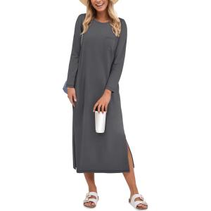 imageANRABESS Womens 34 Long Sleeve Striped Slit Midi T Shirt Dresses with Pockets 2025 Dressy Casual Fall Fashion Travel OutfitsGray