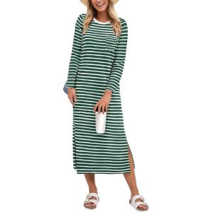 imageANRABESS Womens 34 Long Sleeve Striped Slit Midi T Shirt Dresses with Pockets 2025 Dressy Casual Fall Fashion Travel OutfitsGreen White Stripe