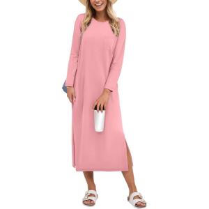 imageANRABESS Womens 34 Long Sleeve Striped Slit Midi T Shirt Dresses with Pockets 2025 Dressy Casual Fall Fashion Travel OutfitsPink