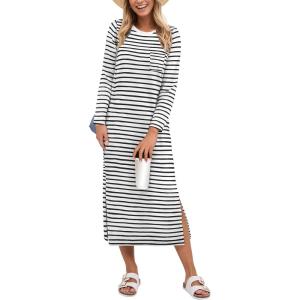 imageANRABESS Womens 34 Long Sleeve Striped Slit Midi T Shirt Dresses with Pockets 2025 Dressy Casual Fall Fashion Travel OutfitsWhite Black Stripe