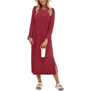 imageANRABESS Womens 34 Long Sleeve Striped Slit Midi T Shirt Dresses with Pockets 2025 Dressy Casual Fall Fashion Travel OutfitsWine Red