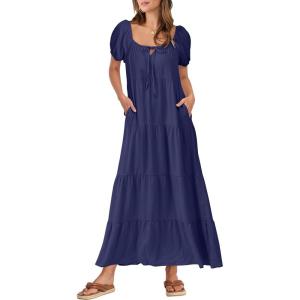 imageANRABESS Womens Boho Maxi Dresses 2025 Summer Casual Floral Puff Short Sleeve Tie Front Flowy Swing Tiered Long Beach DressNavy