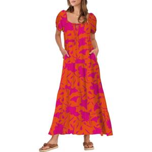 imageANRABESS Womens Boho Maxi Dresses 2025 Summer Casual Floral Puff Short Sleeve Tie Front Flowy Swing Tiered Long Beach DressOrange Rose Floral