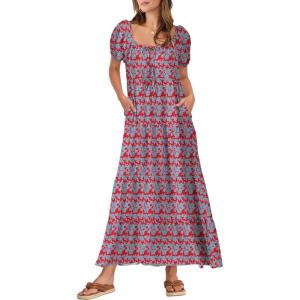 imageANRABESS Womens Boho Maxi Dresses 2025 Summer Casual Floral Puff Short Sleeve Tie Front Flowy Swing Tiered Long Beach DressRed Blue