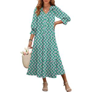 imageANRABESS Womens Boho Maxi Dresses 2025 Summer Casual V Neck Puff Sleeve Floral Tiered Flowy Swing Beach Vacation Long DressFloral Green