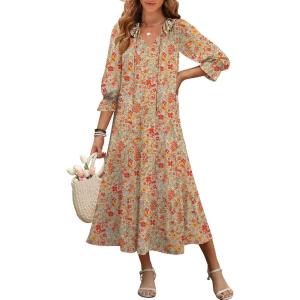 imageANRABESS Womens Boho Maxi Dresses 2025 Summer Casual V Neck Puff Sleeve Floral Tiered Flowy Swing Beach Vacation Long DressFloral Orange Red