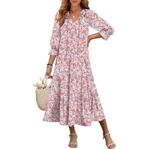 imageANRABESS Womens Boho Maxi Dresses 2025 Summer Casual V Neck Puff Sleeve Floral Tiered Flowy Swing Beach Vacation Long DressFloral Pink Blue