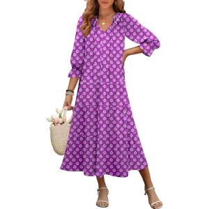 imageANRABESS Womens Boho Maxi Dresses 2025 Summer Casual V Neck Puff Sleeve Floral Tiered Flowy Swing Beach Vacation Long DressFloral Purple