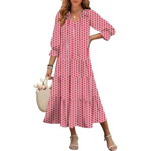 imageANRABESS Womens Boho Maxi Dresses 2025 Summer Casual V Neck Puff Sleeve Floral Tiered Flowy Swing Beach Vacation Long DressFloral Red White