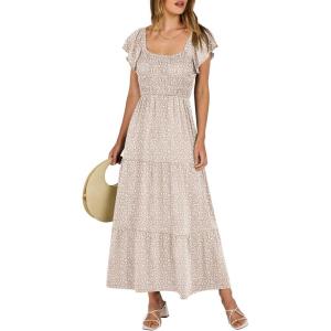 imageANRABESS Womens Casual Summer Maxi Dress Flutter Short Sleeve Scoop Neck Smocked A Line Flowy Beach Vacation Long DressesBeige Floral