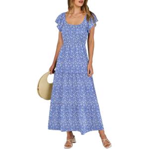 imageANRABESS Womens Casual Summer Maxi Dress Flutter Short Sleeve Scoop Neck Smocked A Line Flowy Beach Vacation Long DressesBlue Floral