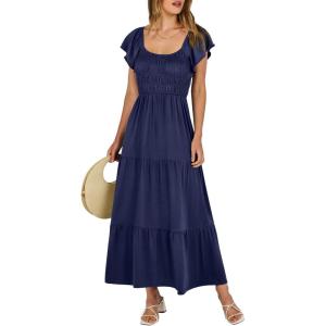 imageANRABESS Womens Casual Summer Maxi Dress Flutter Short Sleeve Scoop Neck Smocked A Line Flowy Beach Vacation Long DressesNavy Blue
