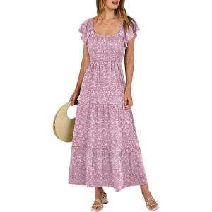 imageANRABESS Womens Casual Summer Maxi Dress Flutter Short Sleeve Scoop Neck Smocked A Line Flowy Beach Vacation Long DressesPink Floral