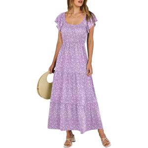 imageANRABESS Womens Casual Summer Maxi Dress Flutter Short Sleeve Scoop Neck Smocked A Line Flowy Beach Vacation Long DressesPurple Floral