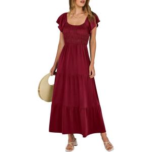 imageANRABESS Womens Casual Summer Maxi Dress Flutter Short Sleeve Scoop Neck Smocked A Line Flowy Beach Vacation Long DressesWine Red
