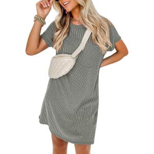imageANRABESS Womens Casual Summer Ribbed Knit Tunic Tshirt Mini Dresses 2025 Trendy Crewneck Short Sleeve Beach Loose Shift DressGray Green