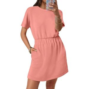 imageANRABESS Womens Dresses 2025 Summer Casual Short Sleeve Crew Neck Elastic Waist Mini T Shirt Dress with PocketsCoral