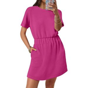 imageANRABESS Womens Dresses 2025 Summer Casual Short Sleeve Crew Neck Elastic Waist Mini T Shirt Dress with PocketsHot Pink