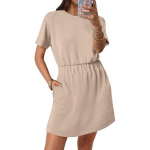 imageANRABESS Womens Dresses 2025 Summer Casual Short Sleeve Crew Neck Elastic Waist Mini T Shirt Dress with PocketsKhaki