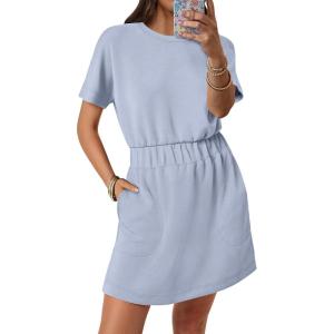 imageANRABESS Womens Dresses 2025 Summer Casual Short Sleeve Crew Neck Elastic Waist Mini T Shirt Dress with PocketsLight Blue