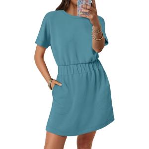imageANRABESS Womens Dresses 2025 Summer Casual Short Sleeve Crew Neck Elastic Waist Mini T Shirt Dress with PocketsTeal