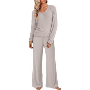 imageANRABESS Womens Fleece Pajama Sets 2 Piece Outfits Matching Lounge Set Casual Ribbed Knit Long Sleeve Pj 2025 Fall SleepwearBeige