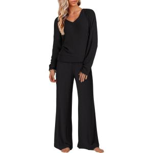 imageANRABESS Womens Fleece Pajama Sets 2 Piece Outfits Matching Lounge Set Casual Ribbed Knit Long Sleeve Pj 2025 Fall SleepwearBlack
