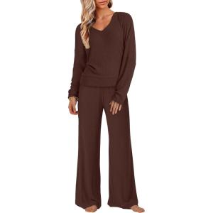 imageANRABESS Womens Fleece Pajama Sets 2 Piece Outfits Matching Lounge Set Casual Ribbed Knit Long Sleeve Pj 2025 Fall SleepwearDark Brown