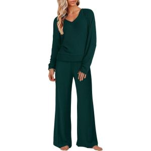 imageANRABESS Womens Fleece Pajama Sets 2 Piece Outfits Matching Lounge Set Casual Ribbed Knit Long Sleeve Pj 2025 Fall SleepwearDark Green