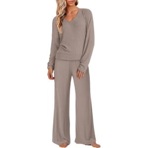 imageANRABESS Womens Fleece Pajama Sets 2 Piece Outfits Matching Lounge Set Casual Ribbed Knit Long Sleeve Pj 2025 Fall SleepwearKhaki
