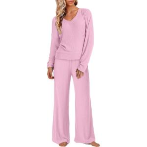 imageANRABESS Womens Fleece Pajama Sets 2 Piece Outfits Matching Lounge Set Casual Ribbed Knit Long Sleeve Pj 2025 Fall SleepwearPink