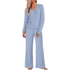 imageANRABESS Womens Fleece Pajama Sets 2 Piece Outfits Matching Lounge Set Casual Ribbed Knit Long Sleeve Pj 2025 Fall SleepwearSky