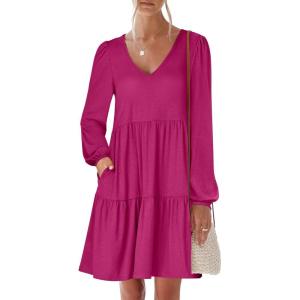 imageANRABESS Womens Long Sleeve Dress 2025 Fall Casual V Neck Tiered Flowy Short Dresses Beach Travel Vacation OutfitsRose