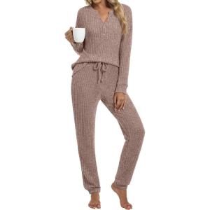 imageANRABESS Womens Lounge Set 2025 Fall 2 Piece Outfit Long Sleeve Pajamas Sets Henley Top ampamp Pants Loungewear ClothingTan