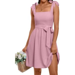 imageANRABESS Womens Sleeveless Tie Strap Mini Dress Summer Square Neck Smocked A Line Swing Elegant Cute Cocktail Short DressesPink