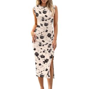 imageANRABESS Womens Slim Fit Tank Dresses Sexy Button Slit Bodycon Business Work Sundresses 2025 Summer Trendy Club Midi DressBlack Flower