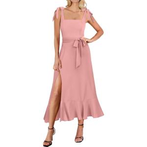 imageANRABESS Womens Square Neck Ruffle Split Midi Elegant Formal Wedding Guest Cocktail Bridesmaid Graduation Party DressesPink