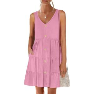 imageANRABESS Womens Summer Beach Vacation Dresses V Neck Sleeveless Casual Button Down A Line Swing Mini Sundresses with PocketsPink
