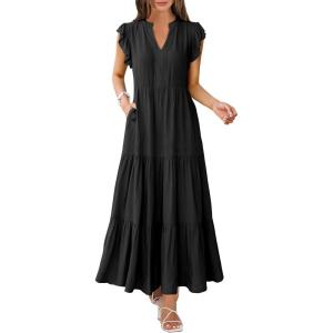 imageANRABESS Womens Summer Casual Maxi Dress V Neck Ruffle Sleeve Long Dresses Fashion Flowy Tiered Boho Beach Vacation SundressBlack