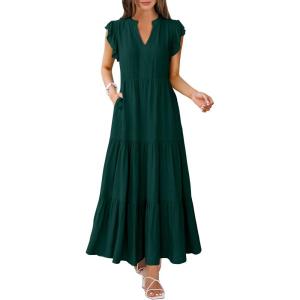 imageANRABESS Womens Summer Casual Maxi Dress V Neck Ruffle Sleeve Long Dresses Fashion Flowy Tiered Boho Beach Vacation SundressDeep Green