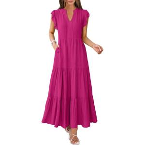 imageANRABESS Womens Summer Casual Maxi Dress V Neck Ruffle Sleeve Long Dresses Fashion Flowy Tiered Boho Beach Vacation SundressHot Pink