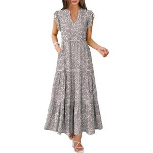 imageANRABESS Womens Summer Casual Maxi Dress V Neck Ruffle Sleeve Long Dresses Fashion Flowy Tiered Boho Beach Vacation SundressKhaki Polka Dot