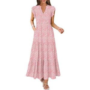 imageANRABESS Womens Summer Casual Maxi Dress V Neck Ruffle Sleeve Long Dresses Fashion Flowy Tiered Boho Beach Vacation SundressPink Floral