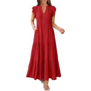 imageANRABESS Womens Summer Casual Maxi Dress V Neck Ruffle Sleeve Long Dresses Fashion Flowy Tiered Boho Beach Vacation SundressRed